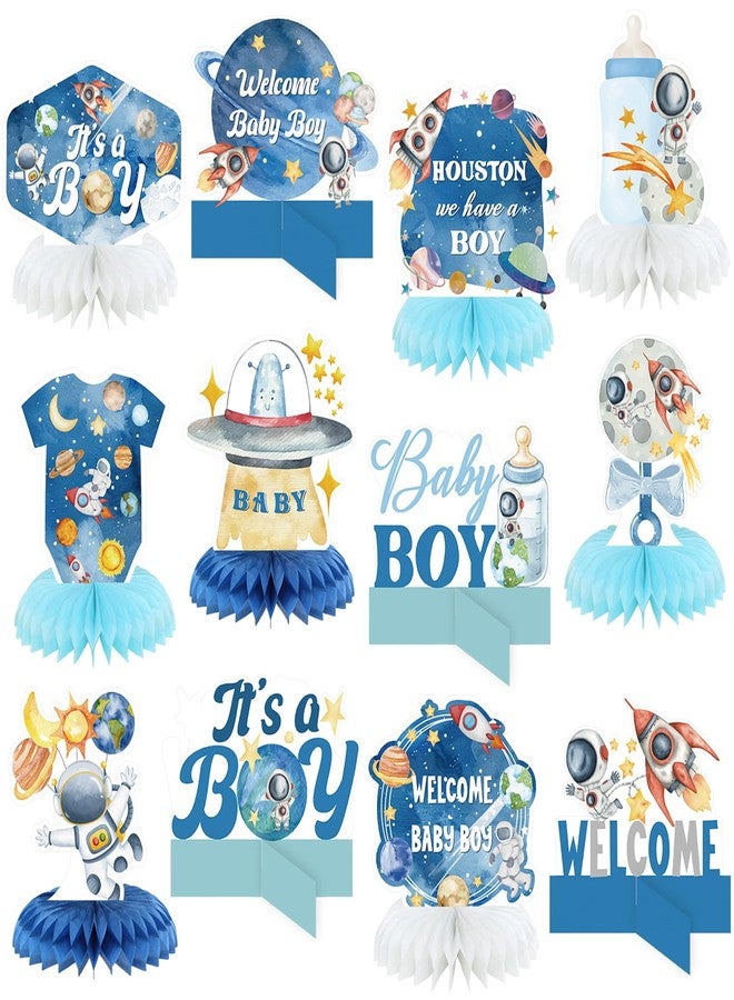 Moinchore 12 Pcs Outer Space Baby Boy Shower Decorations Welcome It's a Boy Baby Shower Honeycomb Centerpieces Blue Astronaut Rocket Bottle Planet Table Topper Table Decoration for Birthday Party Favors - Image 1